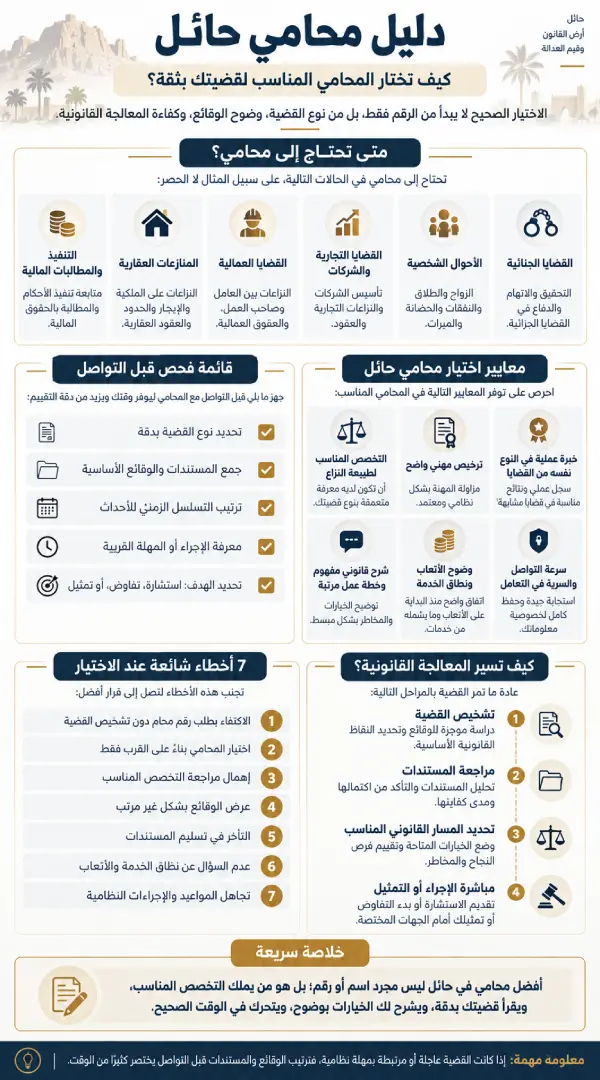 إنفوغرافيك يوضح خطوات اختيار محامي حائل وتجهيز المستندات قبل الاستشارة القانونية